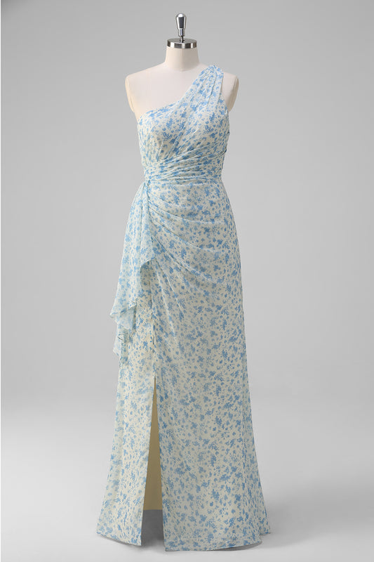 White Blue Flower Ruffled One Shoulder Long Prom Dress with Slit