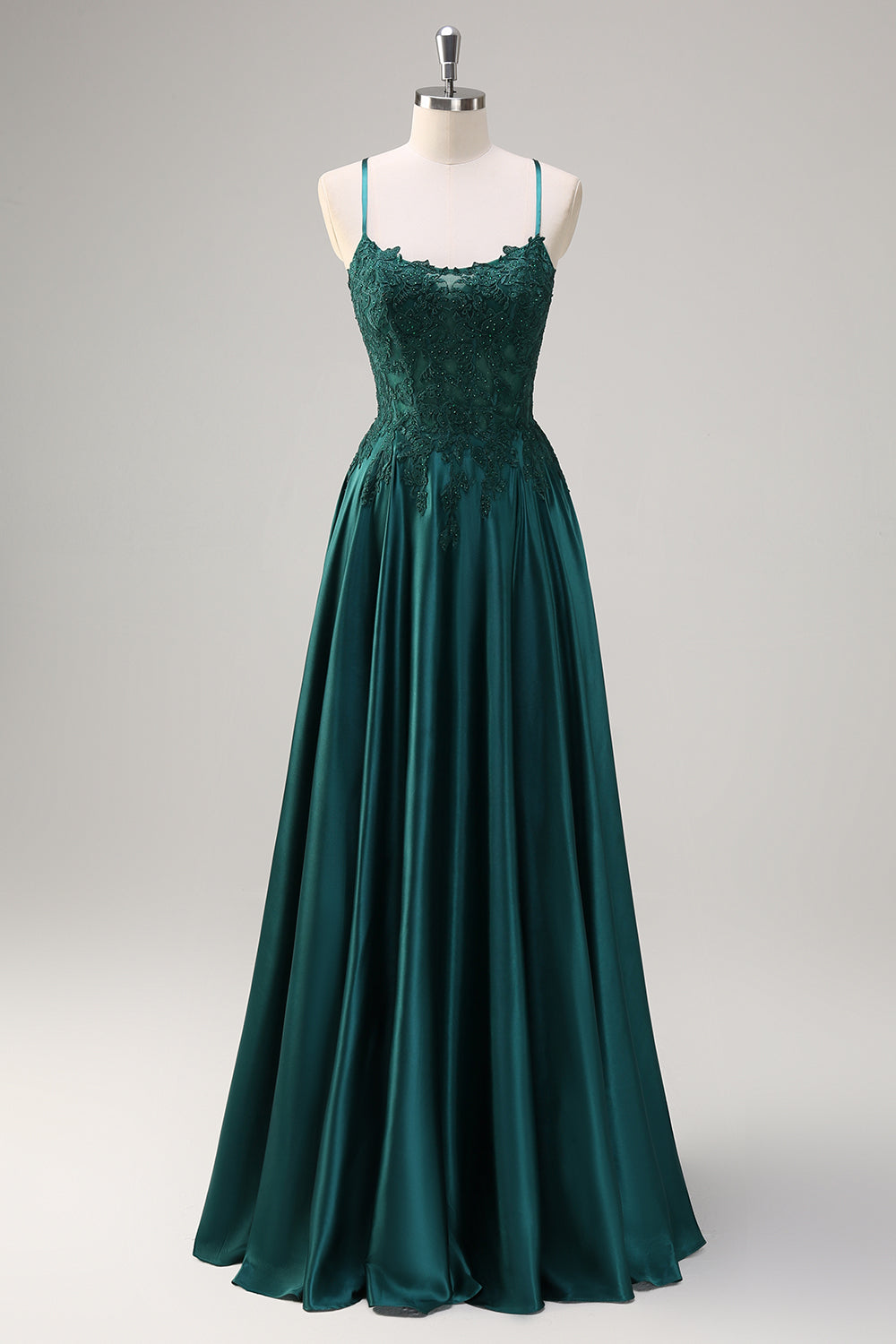 Dark Green A-Line Spaghetti Straps Satin Beaded Long Prom Dress with Appliques Dark Green A-Line Spaghetti Straps Satin Beaded Long Prom Dress with Appliques