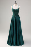 Dark Green A-Line Spaghetti Straps Satin Beaded Long Prom Dress with Appliques Dark Green A-Line Spaghetti Straps Satin Beaded Long Prom Dress with Appliques