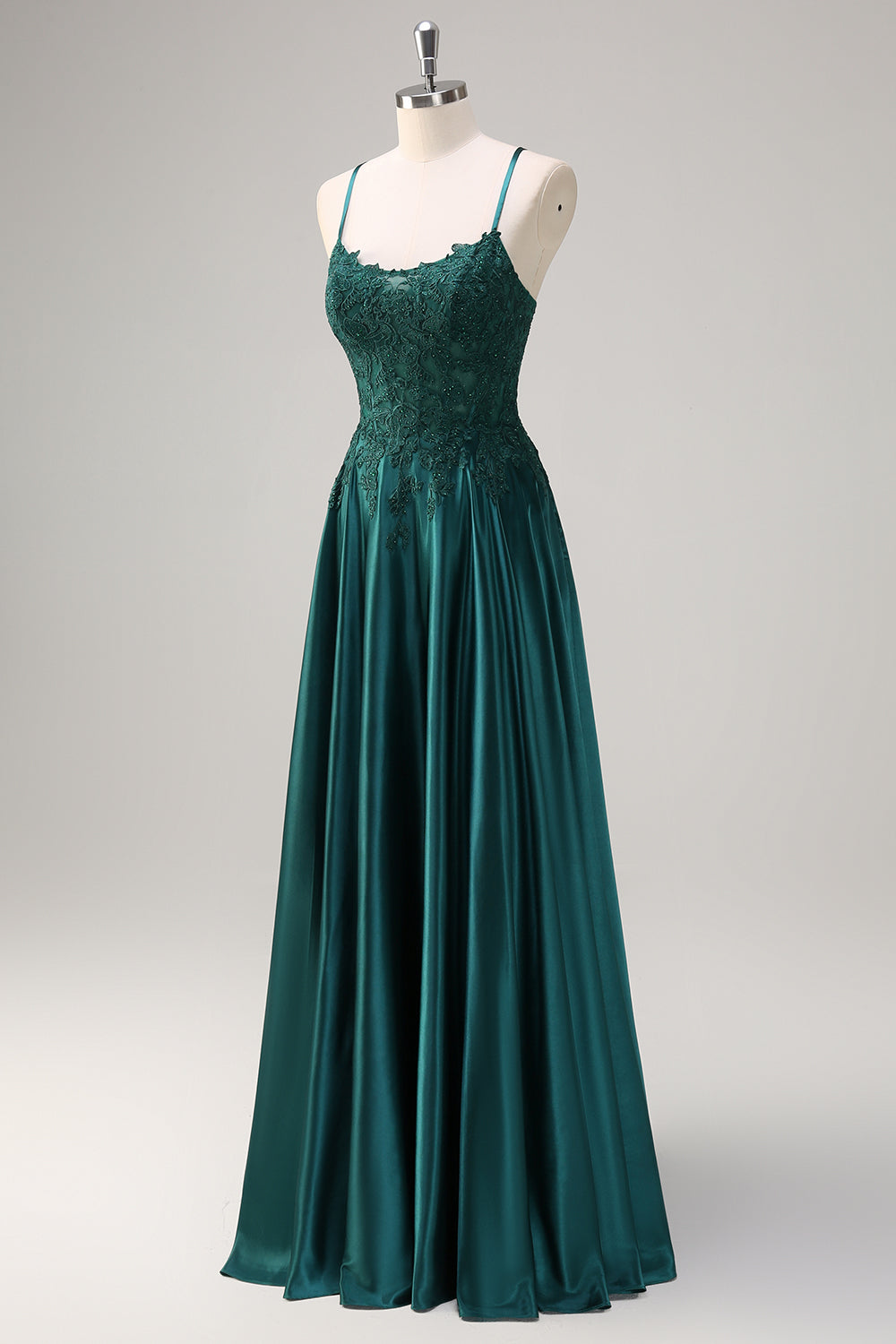 Dark Green A-Line Spaghetti Straps Satin Beaded Long Prom Dress with Appliques Dark Green A-Line Spaghetti Straps Satin Beaded Long Prom Dress with Appliques