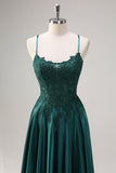 Dark Green A-Line Spaghetti Straps Satin Beaded Long Prom Dress with Appliques Dark Green A-Line Spaghetti Straps Satin Beaded Long Prom Dress with Appliques