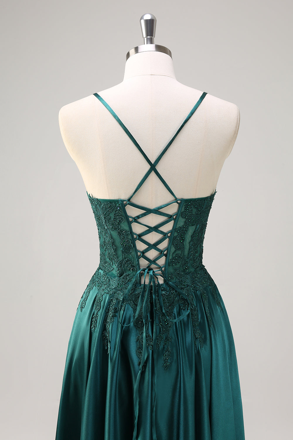 Dark Green A-Line Spaghetti Straps Satin Beaded Long Prom Dress with Appliques Dark Green A-Line Spaghetti Straps Satin Beaded Long Prom Dress with Appliques