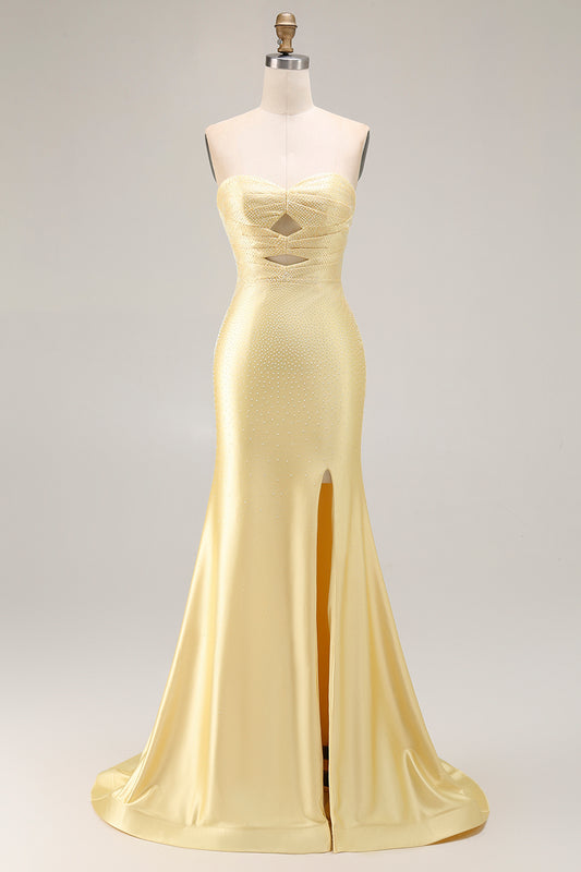 Sparkly Yellow Mermaid Beaded Keyhole Long Prom Dress with Slit