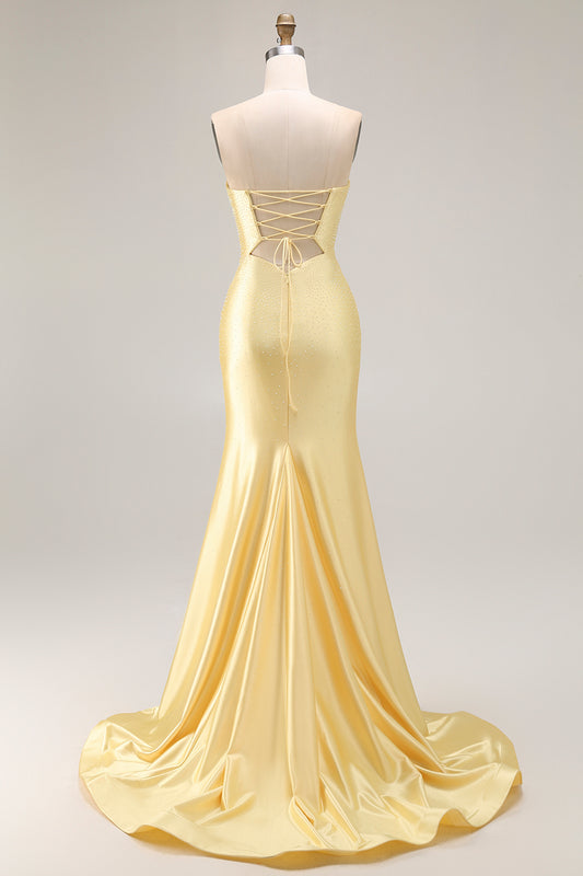 Sparkly Yellow Mermaid Beaded Keyhole Long Prom Dress with Slit