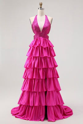 Sparkly Fuchsia Halter A-Line Ruffled Long Prom Dress with Beading
