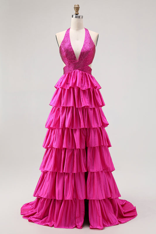 Sparkly Fuchsia Halter A-Line Ruffled Long Prom Dress with Beading