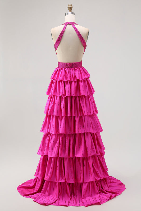 Sparkly Fuchsia Halter A-Line Ruffled Long Prom Dress with Beading