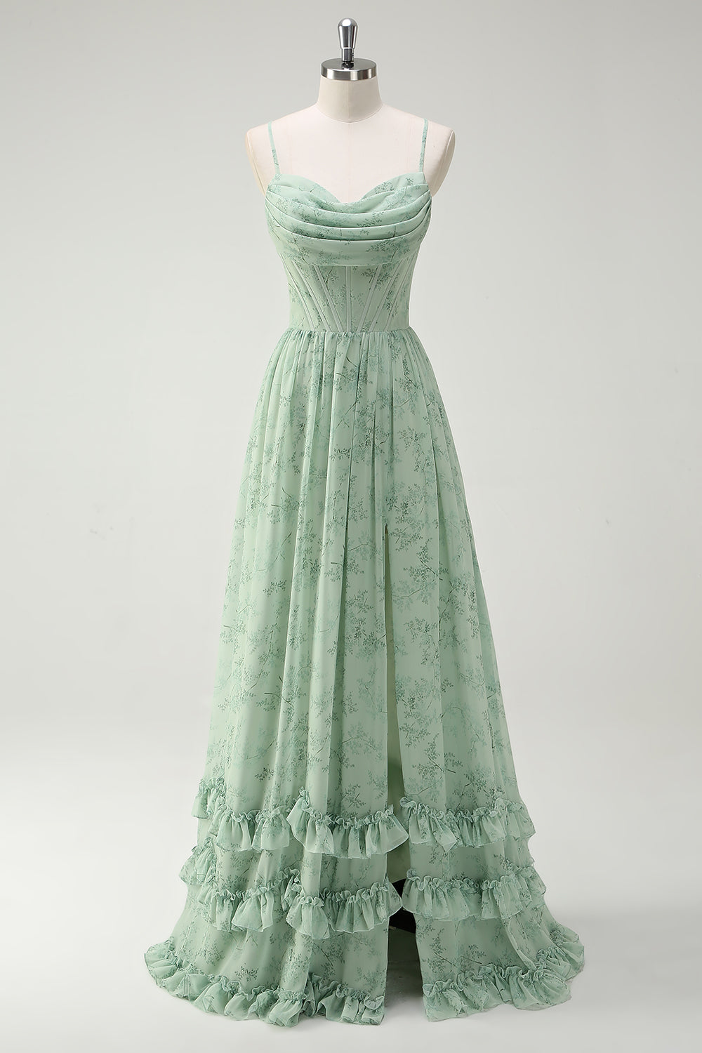 Zapakasa Women Green Flowers Chiffon Long Bridesmaid Dress with Slit A-Line Spaghetti Straps Ruffled Wedding Guest Dress Zapakasa Women Green Flowers Chiffon Long Bridesmaid Dress with Slit A-Line Spaghetti Straps Ruffled Wedding Guest Dress
