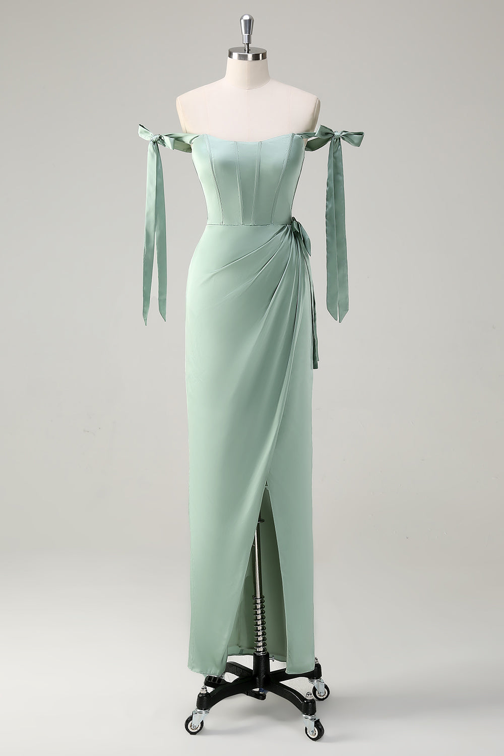 Zapakasa Women Sparkly Sage Long Bridesmaid Dress with Slit Bow Tie Straps Corset Ruched Satin Wedding Party Dress Zapakasa Women Sparkly Sage Long Bridesmaid Dress with Slit Bow Tie Straps Corset Ruched Satin Wedding Party Dress