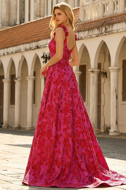 Floral Fuchsia Spaghetti Straps A Line Long Prom Dress with Slit