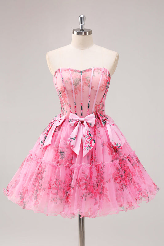 ZAPAKA Fuchsia Corset Short Floral Homecoming Dress A-Line Strapless Tulle Prom Dress with Bows