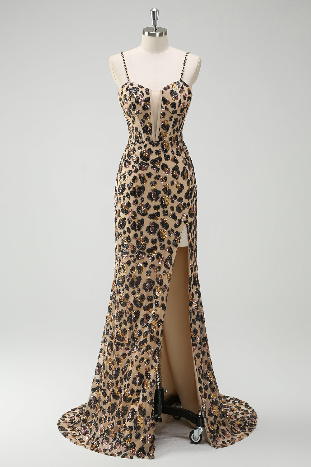 Zapakasa Women Sparkly Kahki Leopard Mermaid Long Prom Dress with Slit