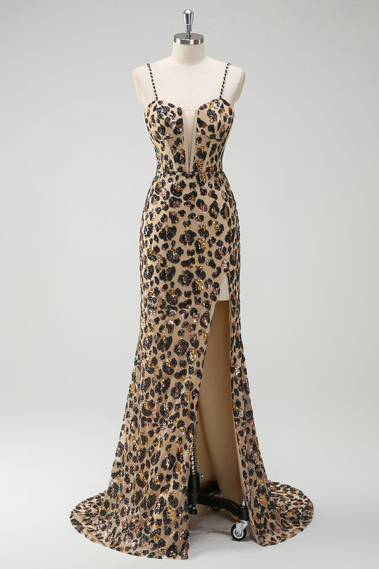 Sparkly Kahki Leopard Mermaid Long Prom Dress with Slit Sequins Spaghetti Straps Lace Up Back Holiday Party Dress