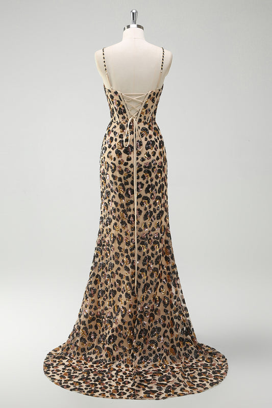 Sparkly Kahki Leopard Mermaid Sequins Long Corset Prom Dress with Slit