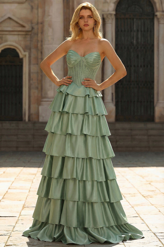 Sparkly Green A Line Tiered Ruffled Long Corset Prom Dress