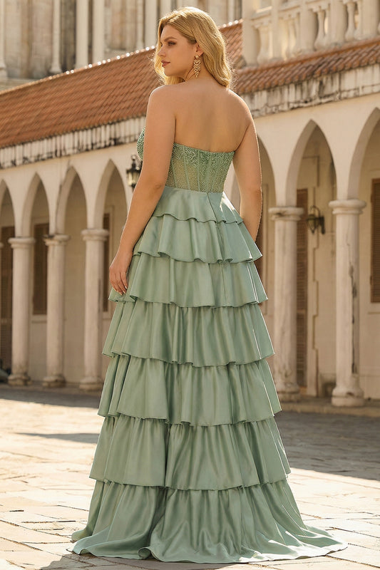 Sparkly Green A Line Plus Size Tiered Long Corset Prom Dress with Ruffles