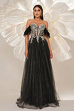 Sparkly Black Off the Shouler A-Line Tulle Long Corset Prom Dress with Feather Sparkly Black Off the Shouler A-Line Tulle Long Corset Prom Dress with Feather