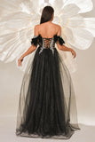 Sparkly Black Off the Shouler A-Line Tulle Long Corset Prom Dress with Feather Sparkly Black Off the Shouler A-Line Tulle Long Corset Prom Dress with Feather