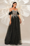 Sparkly Black Off the Shouler A-Line Tulle Long Corset Prom Dress with Feather Sparkly Black Off the Shouler A-Line Tulle Long Corset Prom Dress with Feather