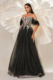 Sparkly Black Off the Shouler A-Line Tulle Long Corset Prom Dress with Feather Sparkly Black Off the Shouler A-Line Tulle Long Corset Prom Dress with Feather