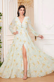 Light Green Long Sleeves Floral Print A Line V Neck Prom Dress with Slit Light Green Long Sleeves Floral Print A Line V Neck Prom Dress with Slit