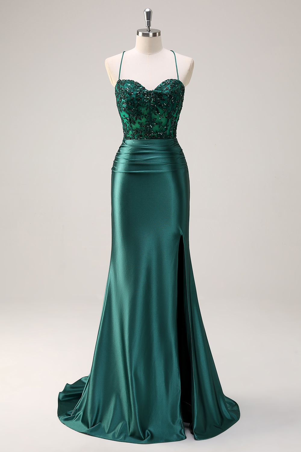 Dark Green Appliques Mermaid Spaghetti Straps Long Prom Dress with Slit Dark Green Appliques Mermaid Spaghetti Straps Long Prom Dress with Slit