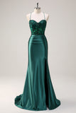 Dark Green Appliques Mermaid Spaghetti Straps Long Prom Dress with Slit Dark Green Appliques Mermaid Spaghetti Straps Long Prom Dress with Slit
