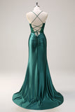 Dark Green Appliques Mermaid Spaghetti Straps Long Prom Dress with Slit Dark Green Appliques Mermaid Spaghetti Straps Long Prom Dress with Slit