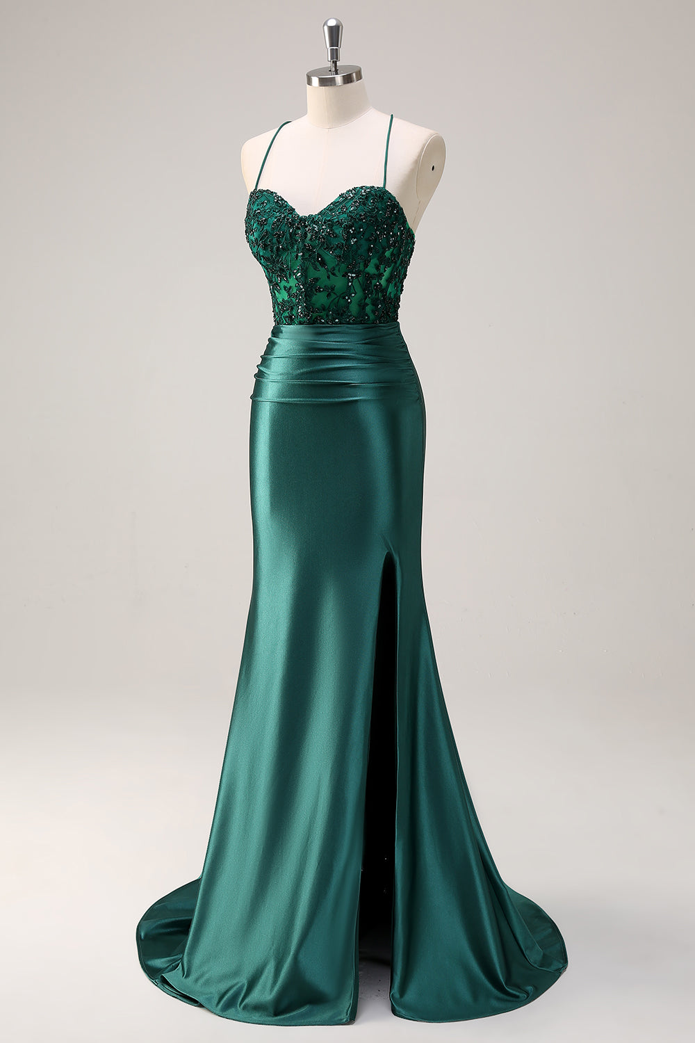 Dark Green Appliques Mermaid Spaghetti Straps Long Prom Dress with Slit Dark Green Appliques Mermaid Spaghetti Straps Long Prom Dress with Slit