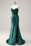Dark Green Appliques Mermaid Spaghetti Straps Long Prom Dress with Slit Dark Green Appliques Mermaid Spaghetti Straps Long Prom Dress with Slit