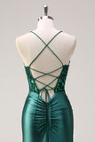 Dark Green Appliques Mermaid Spaghetti Straps Long Prom Dress with Slit Dark Green Appliques Mermaid Spaghetti Straps Long Prom Dress with Slit