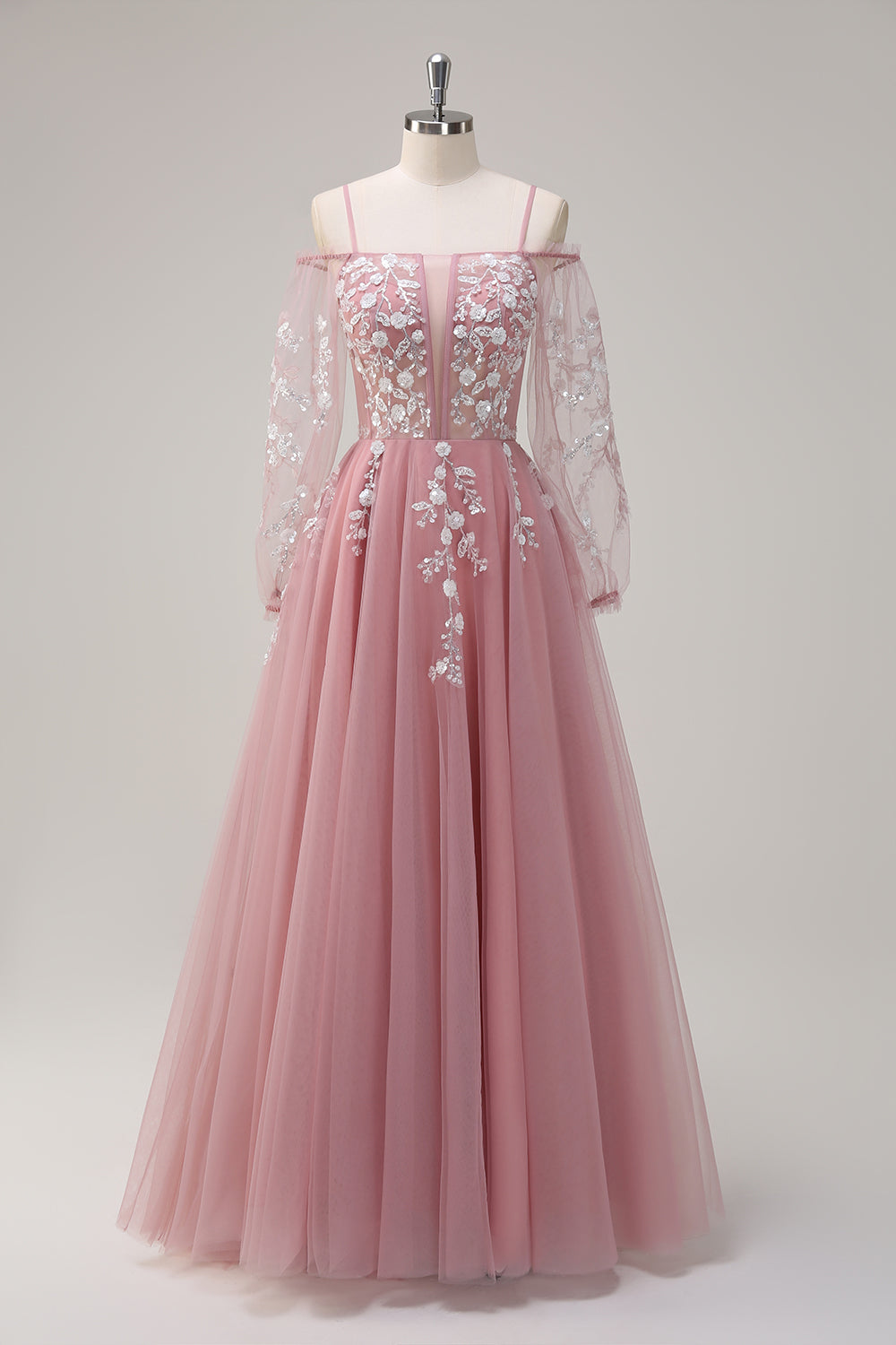 Blush Floral A-Line Cold Shoulder Long Prom Dress with Long Sleeves Blush Floral A-Line Cold Shoulder Long Prom Dress with Long Sleeves