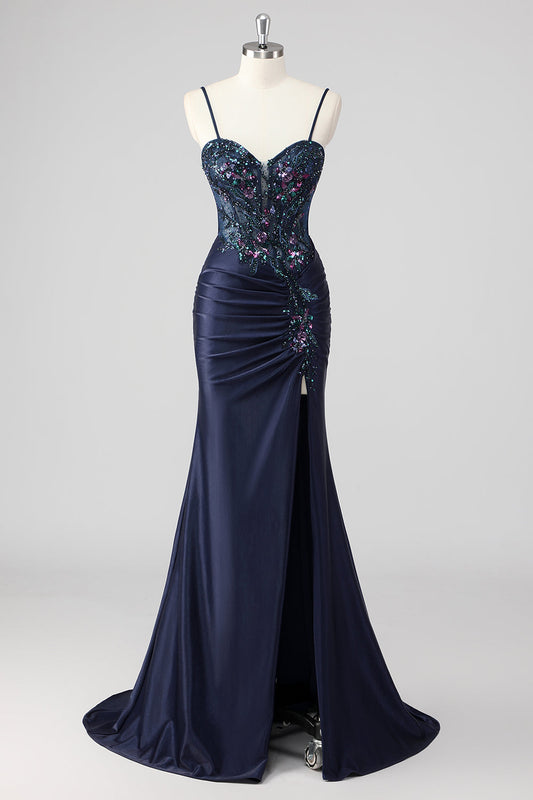 Sparkly Navy Mermaid Sequins Corset Long Prom Dress with Slit