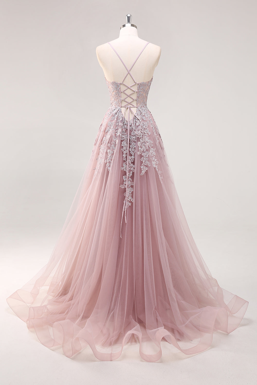 Lavender A Line Spaghetti Straps Tulle Beaded Long Prom Dress with Slit Lavender A Line Spaghetti Straps Tulle Beaded Long Prom Dress with Slit