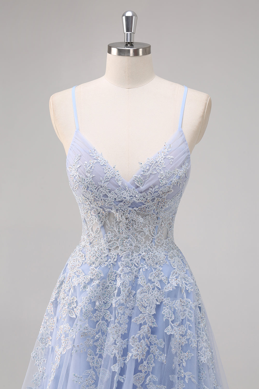 Lavender A Line Spaghetti Straps Tulle Beaded Long Prom Dress with Slit Lavender A Line Spaghetti Straps Tulle Beaded Long Prom Dress with Slit