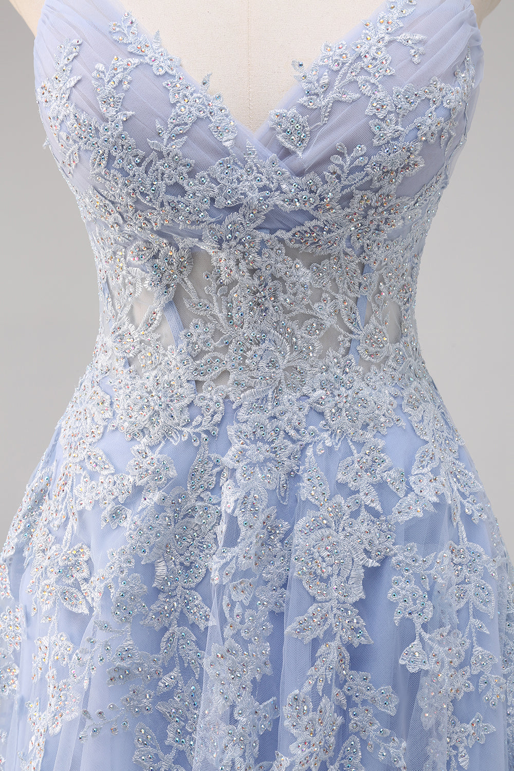 Lavender A Line Spaghetti Straps Tulle Beaded Long Prom Dress with Slit Lavender A Line Spaghetti Straps Tulle Beaded Long Prom Dress with Slit