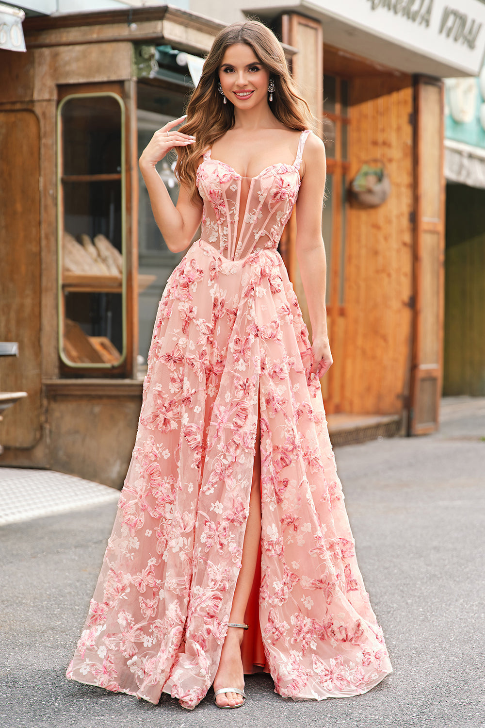 Pink Off The Shoulder A-Line Corset 3D Butterflies Floral Prom Dress with Slit Pink Off The Shoulder A-Line Corset 3D Butterflies Floral Prom Dress with Slit