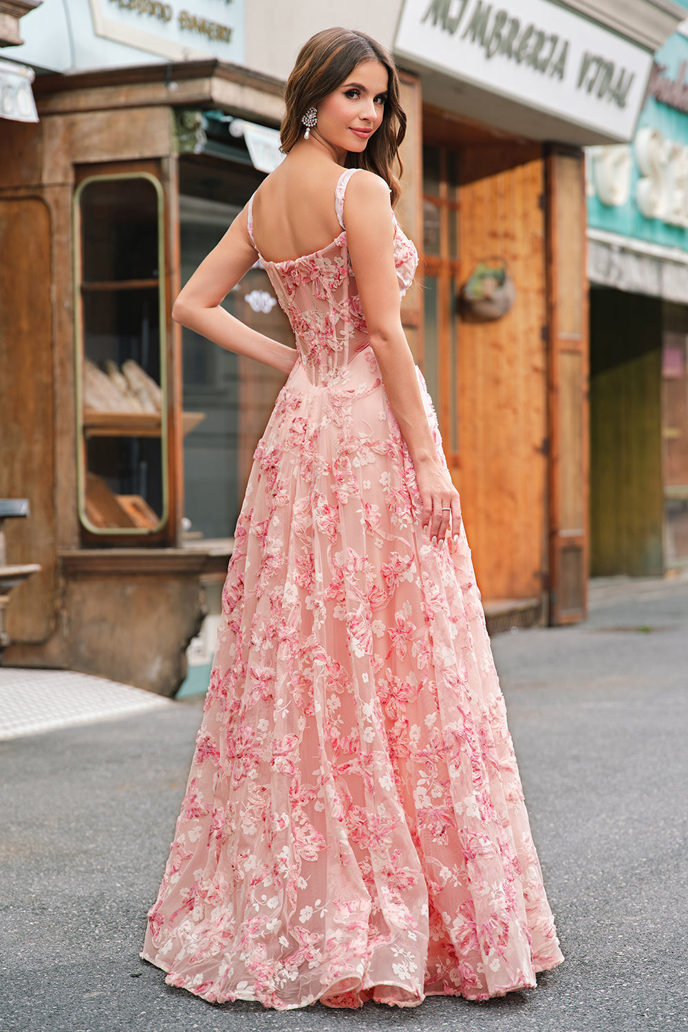 Pink Off The Shoulder A-Line Corset 3D Butterflies Floral Prom Dress with Slit Pink Off The Shoulder A-Line Corset 3D Butterflies Floral Prom Dress with Slit