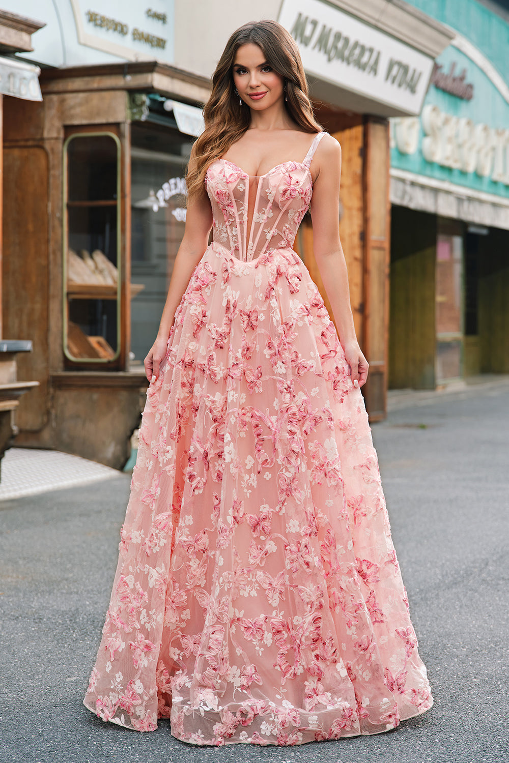 Pink Off The Shoulder A-Line Corset 3D Butterflies Floral Prom Dress with Slit Pink Off The Shoulder A-Line Corset 3D Butterflies Floral Prom Dress with Slit