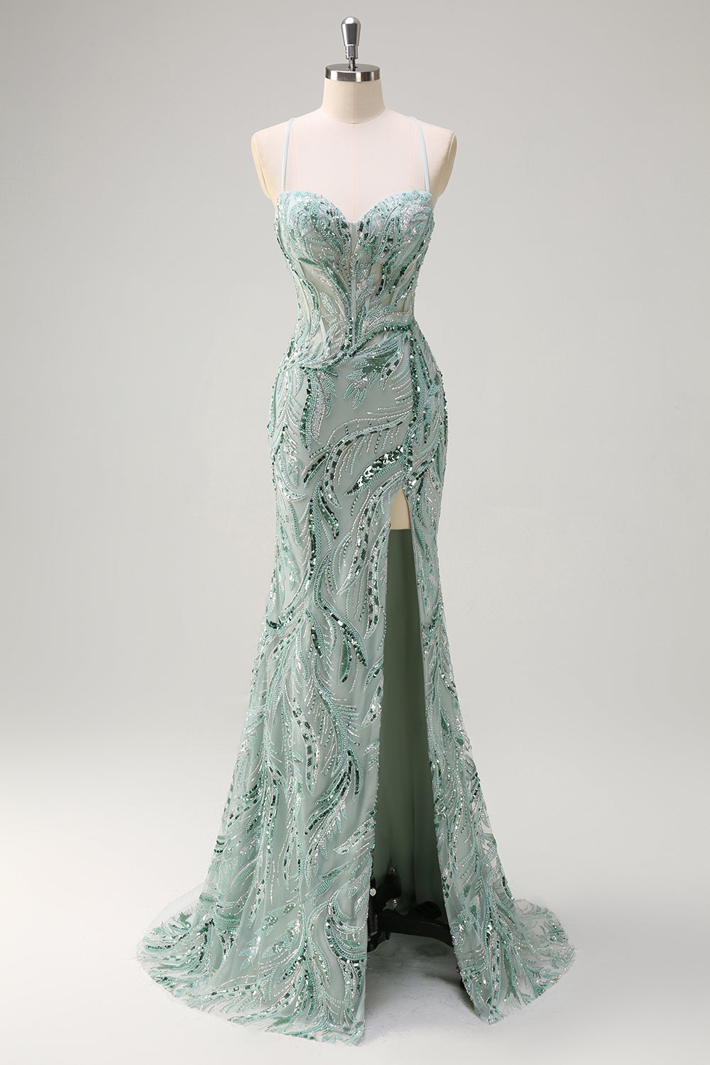 Zapakasa Women Sparkly Sage Floral Mermaid Beaded Prom Dress Sequined Spaghetti Straps Evening Dress with Slit Zapakasa Women Sparkly Sage Floral Mermaid Beaded Prom Dress Sequined Spaghetti Straps Evening Dress with Slit