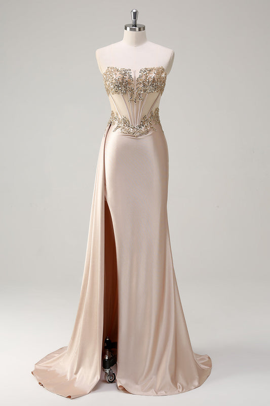 Sparkly Champagne Corset Streamer Long Prom Dress with Slit Sweetheart Beaded Satin Pageant Dress