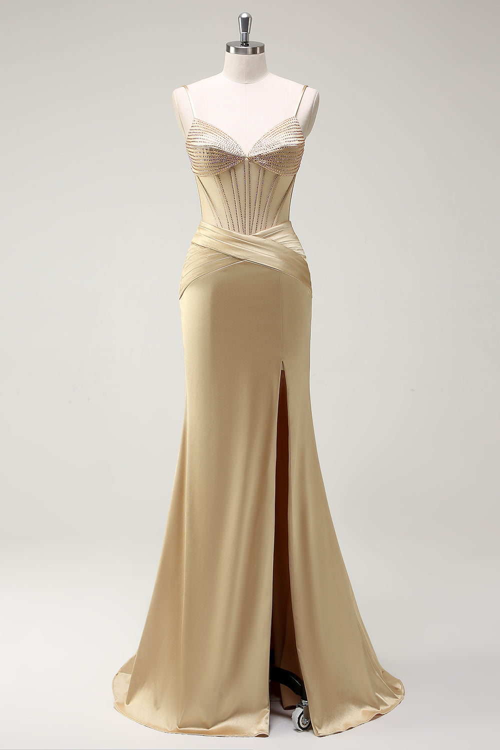 ZAPAKASA Women Sparkly Golden Corset Long Prom Dress with Slit Mermaid Beaded Formal Dress