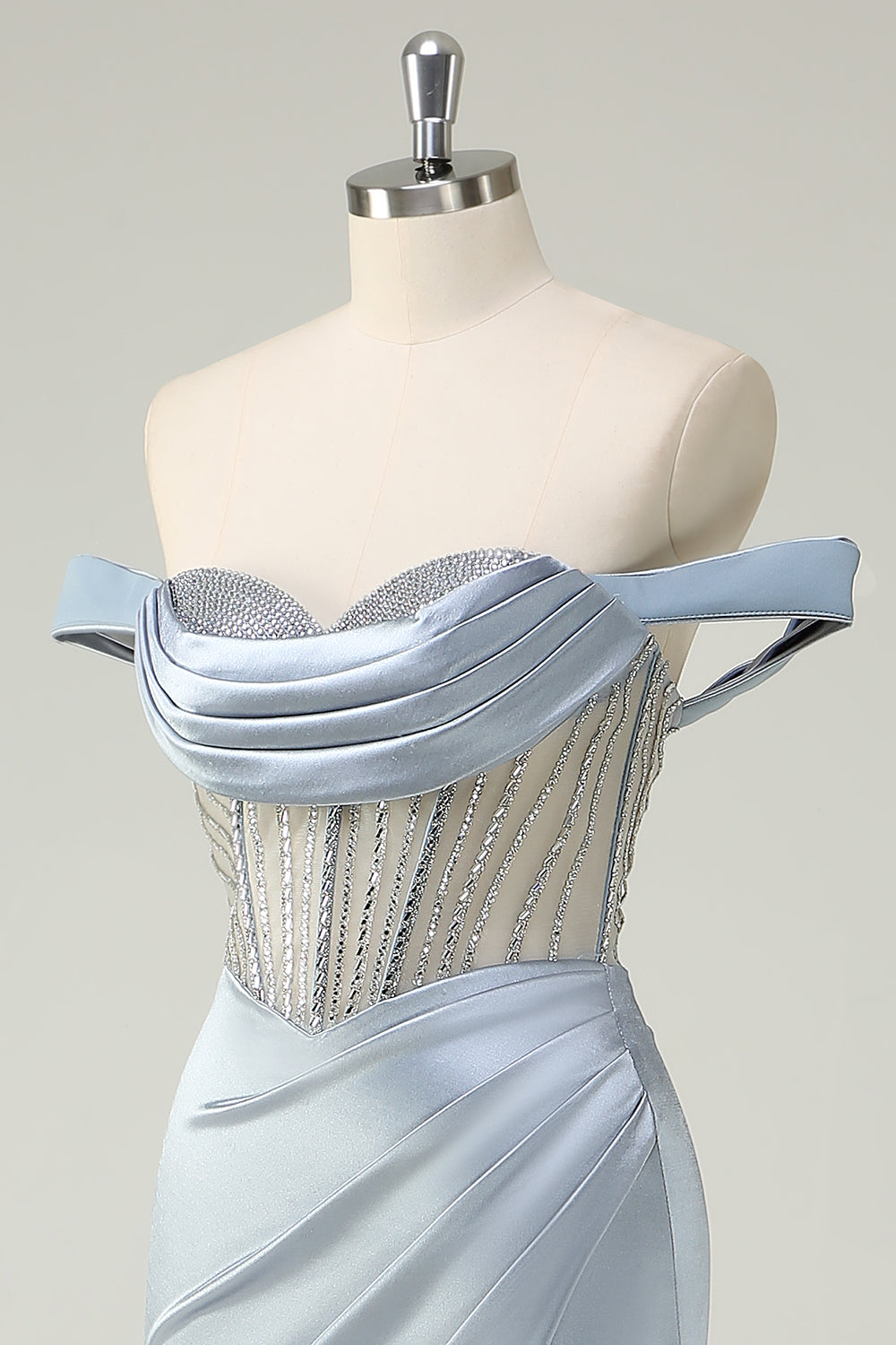 Dusty Blue Beaded Mermaid Off The Shoulder Long Prom Dress with Slit Dusty Blue Beaded Mermaid Off The Shoulder Long Prom Dress with Slit