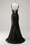 Black Sheath Spaghetti Straps Corset Beaded Long Prom Dress with Slit Black Sheath Spaghetti Straps Corset Beaded Long Prom Dress with Slit