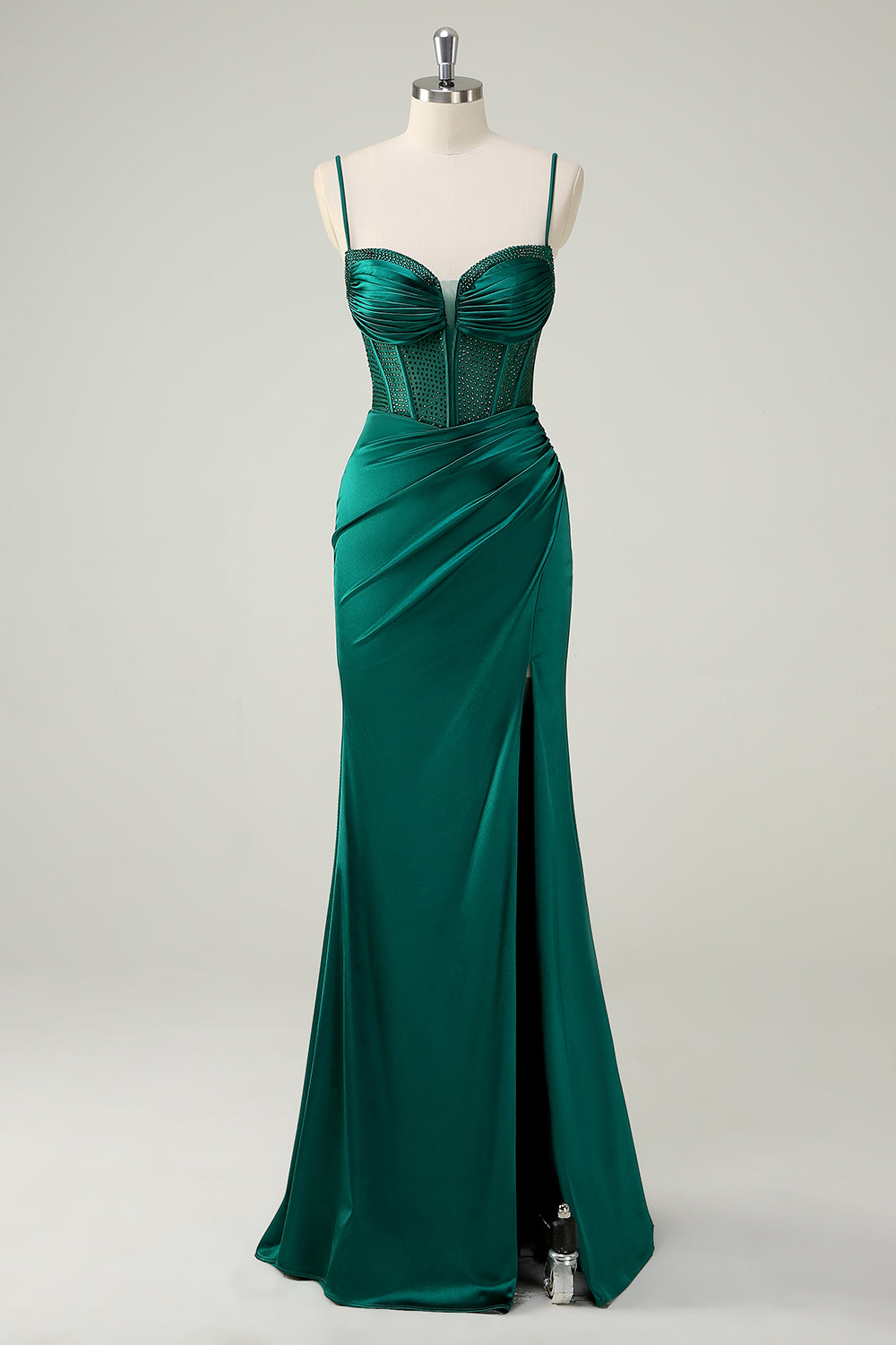 Zapakasa Women Dark Green Beaded Mermaid Ruche Prom Dress Spaghetti Straps Satin Evening Dress with Slit Zapakasa Women Dark Green Beaded Mermaid Ruche Prom Dress Spaghetti Straps Satin Evening Dress with Slit