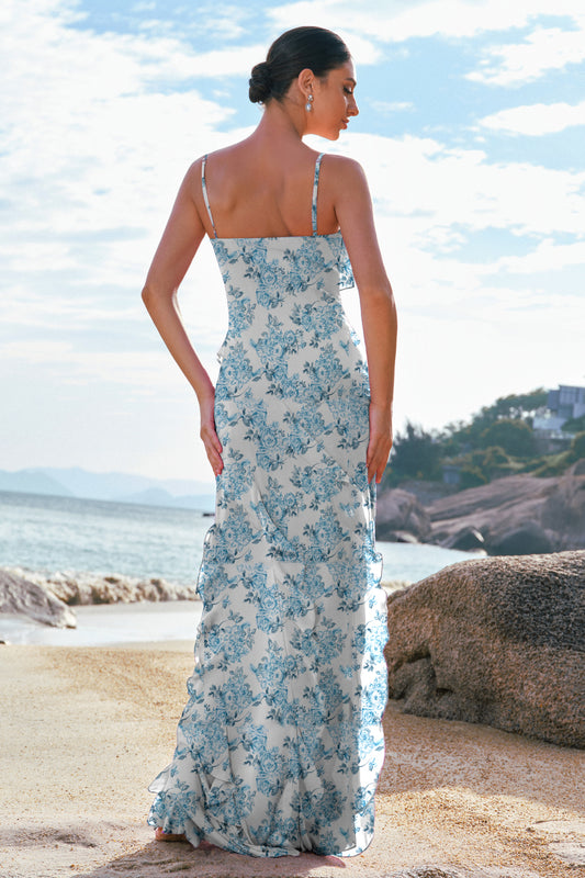 Blue Flower Spaghetti Straps Mermaid Ruffles Long Bridesmaid Dress with Slit