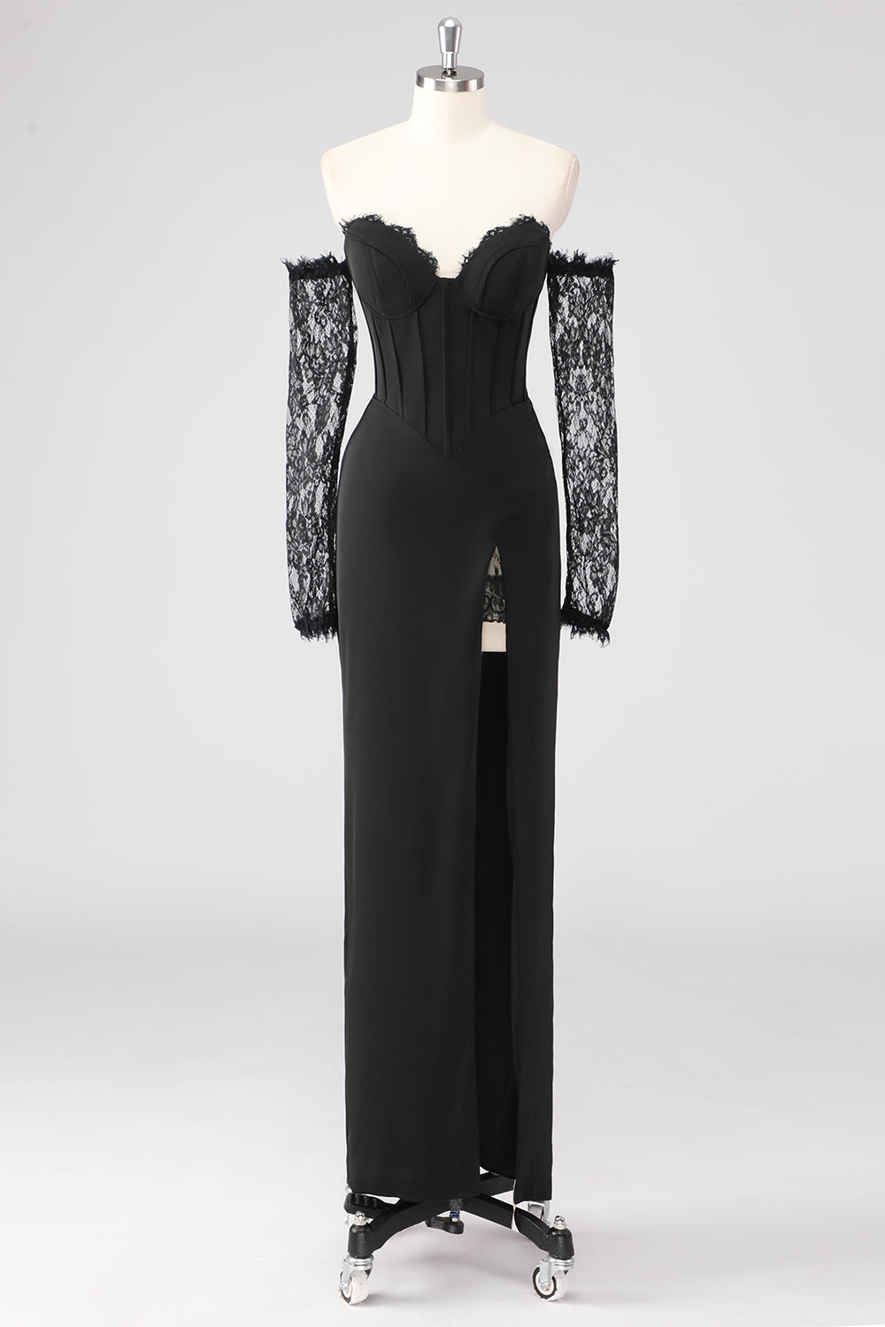 Zapaka Women Black Formal Dress With Long Sleeves Sheath Corset Cold Shoulder Lace Formal Wear Dress With Slit Zapaka Women Black Formal Dress With Long Sleeves Sheath Corset Cold Shoulder Lace Formal Wear Dress With Slit