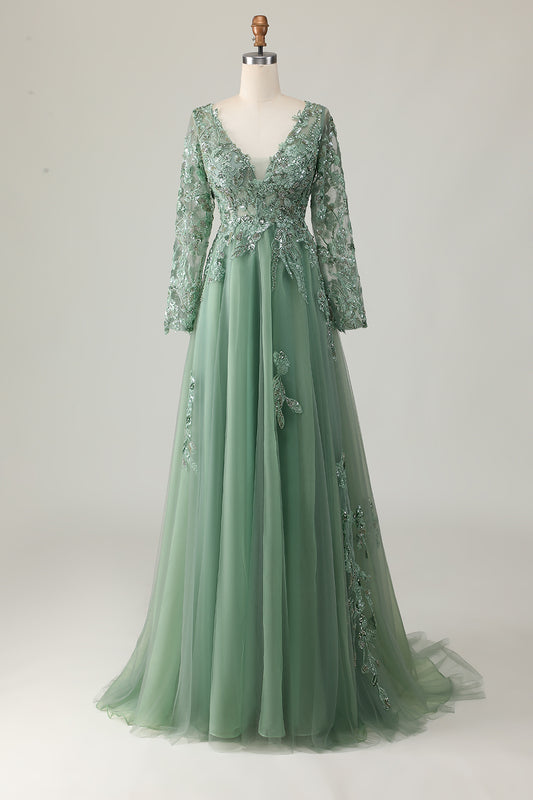 Sage V-neck Applique Long A-Line Prom Dress with Sleeves