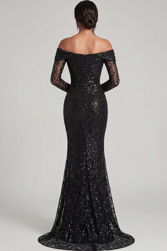 Black Mermaid Off The Shoulder Mesh And Lace Formal Dress