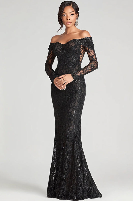Black Mermaid Formal Wedding Guest Dress Sheath Off The Shoulder Mesh And Lace Long Black Tie Dress